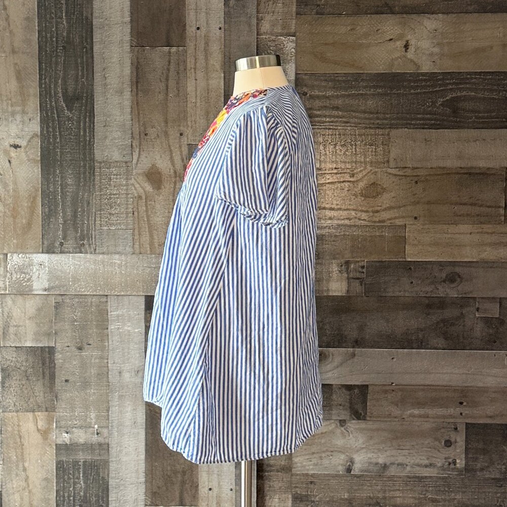 Blue white stripes v-neck fiesta dress large rainbow embroidery festival boho - Picture 6 of 10